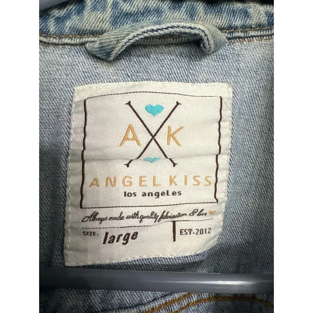 Angel Kiss Distressed Denim Jacket Women’s Large Cropped Light Wash - Picture 3 of 3